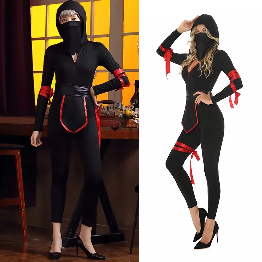Čierna ninja samurai cosplay anime sexy kombinéza Halloween kostým pre ženy maskuje sa festival pre dospelých bojovníkov Catsuit Party Festival