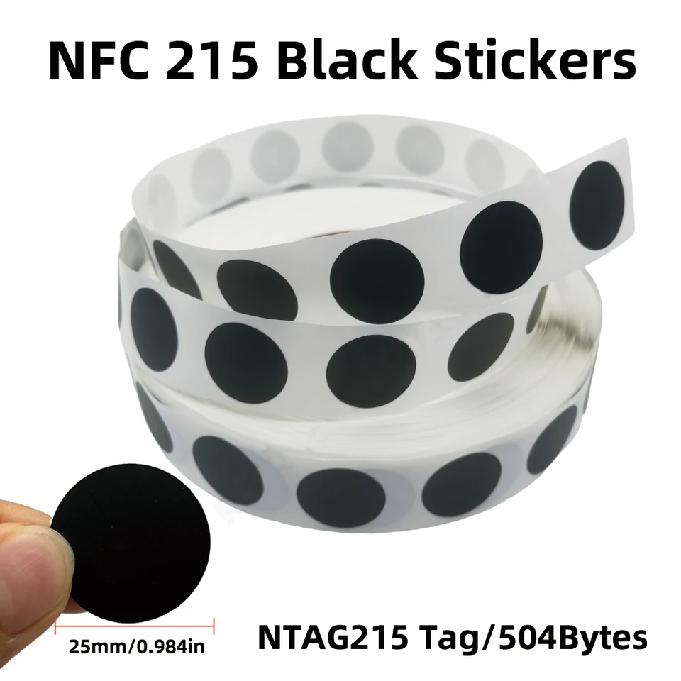 Čierna NTAG 215 NFC Phone K dispozícii sú nálepky RFID štítky Adhézne štítok NFC NTAG215 Self-pasívna značka 13,56MHz ISO14443A STACKER