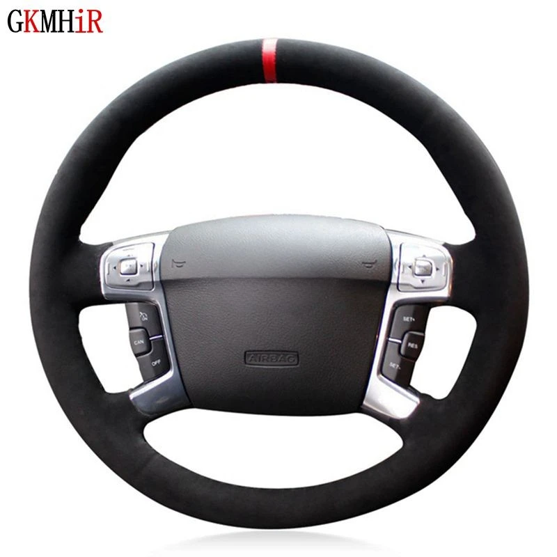 Čierna originálna kožená semišová červená značka automobilu na volant pre Ford Mondeo 2007-2014 Galaxy 2006-2015 S-Max 2006-2014