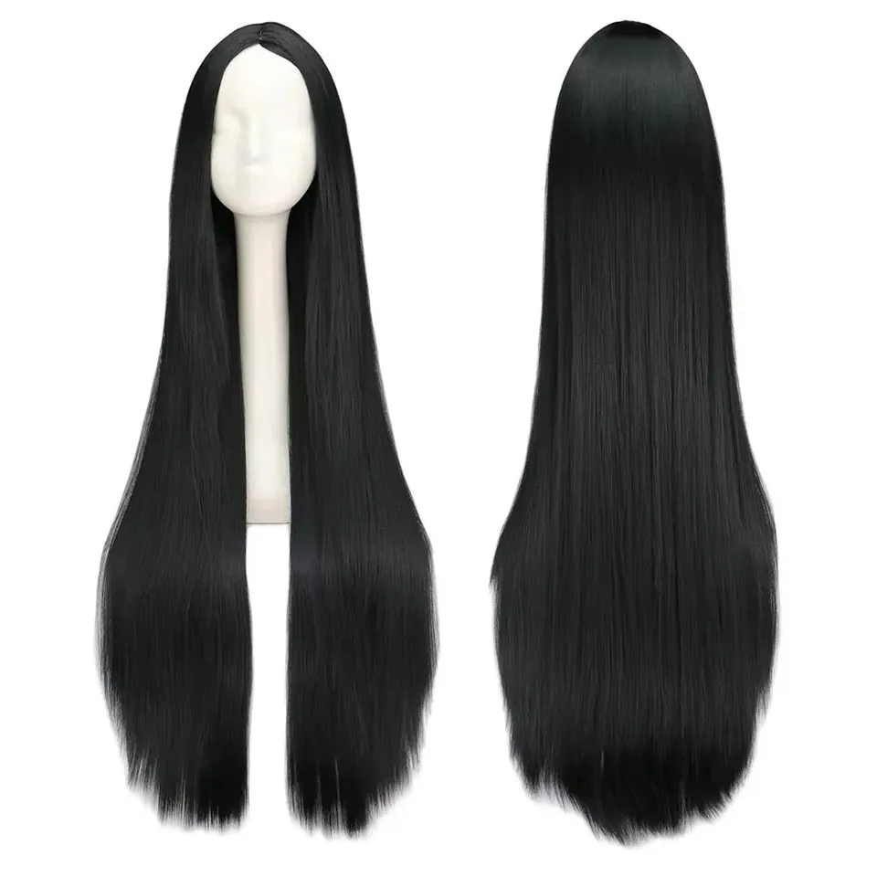 Čierna parochňa 100 cm/40 palcov dlhé parochne Syntetické tepelné vlákno dlhé Halloween Karneval kostým cos-play rovné parochne