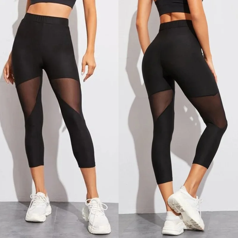 Čierna patchwork leggings dámske elastické nohavičky Pant Capri Fitness Legíny