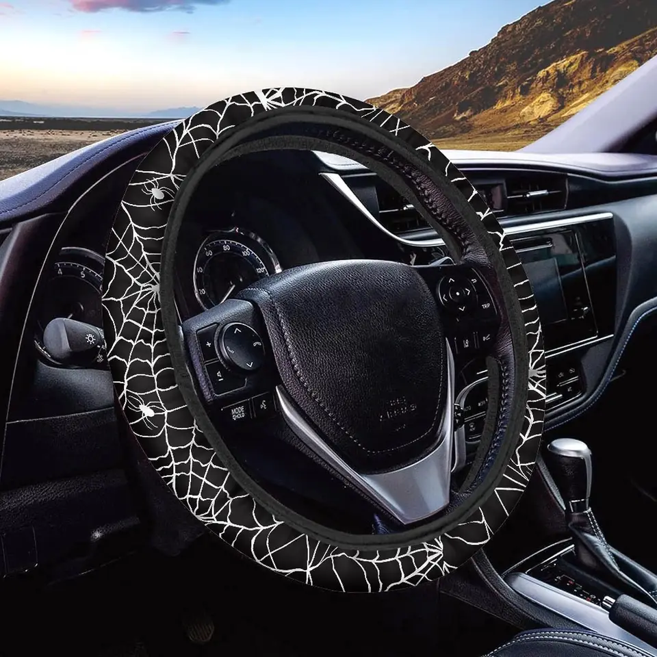 Čierna pavučina automobilov volant Cover Universal 15 palcov Halloween Spider Web Web Wheel Adsessory for Women Men