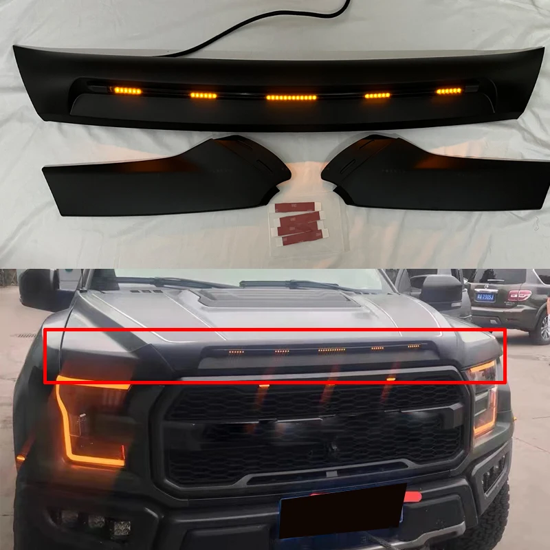 Čierna predná chyba Shield Hood Deflector Guard Bonnet Amber LED svetlo pre Ford Raptor F150 F-150 2015 2016 2017 2018 2019 2020