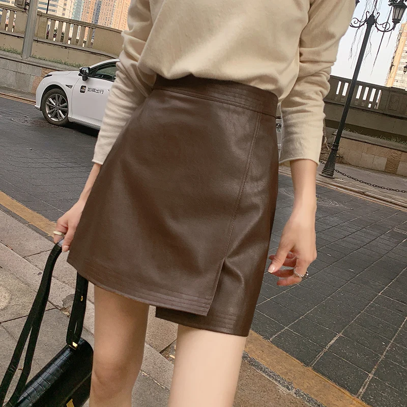 Čierna pu sukňu leto sexy pevné rozdelenie móda asymetrické neformálne štíhle vysoké sukne sukne na streetwear elegantné party clubwear