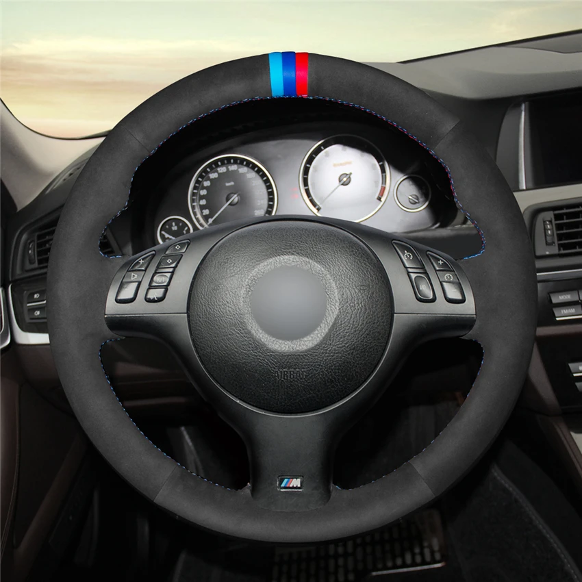 Čierna semišová ruka Sew Show Pohodlný mäkký kryt volantu pre BMW M Sport E46 330I 330ci E39 540I 525I 530I M3 E46 M5 E39