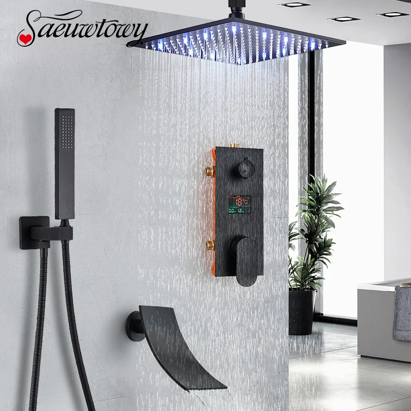 Čierna skrytá sprcha Faucet LED LED zrážková sprcha hlava 2/3 WAY DISPLESPLE SPORUJTE SYSTÉM KAPEROVANIE KAPERICKÝ KAPICKÝ Stropný strop inštalácia