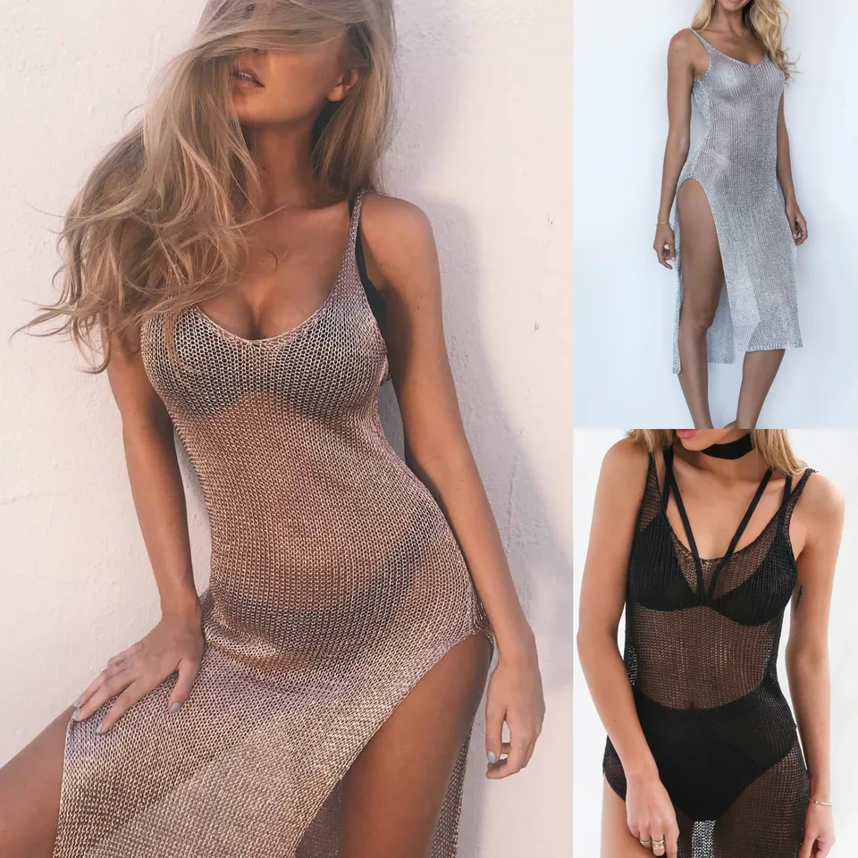 Čierna sladká sieť sexy priehľadné bikiny zakrytie pre plavky Ženy Ženy Suspender bez rukávov okrúhly krk masívne farebné plážové šaty