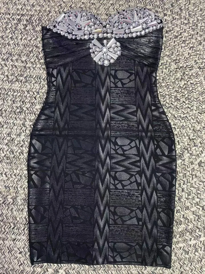 Čierna strieborná zlatá fólia Ženy Sexy ramienok bez ramienok Crystal Bodycon Mini šaty Rayon Bandage Fashion Nightclub Party oslavovať šaty