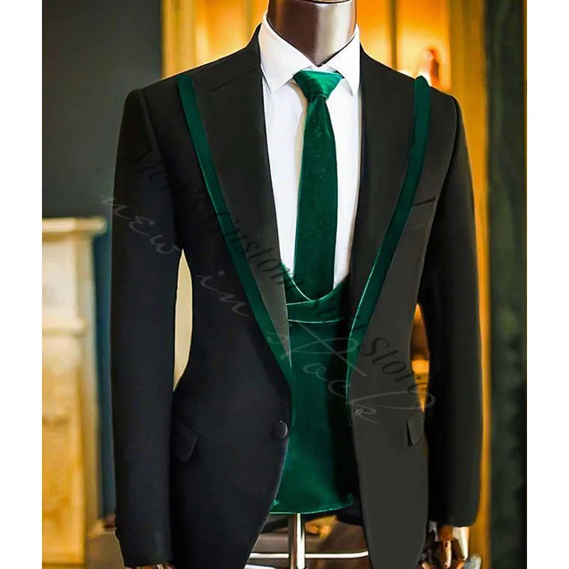 Čierna tmavo zelená zamatová pánska mužská oblek vrcholila klopa Slim Fit Tuxedos Groom Tailor Made Terno Masculino 3 kusy (sako+nohavice+vesta)