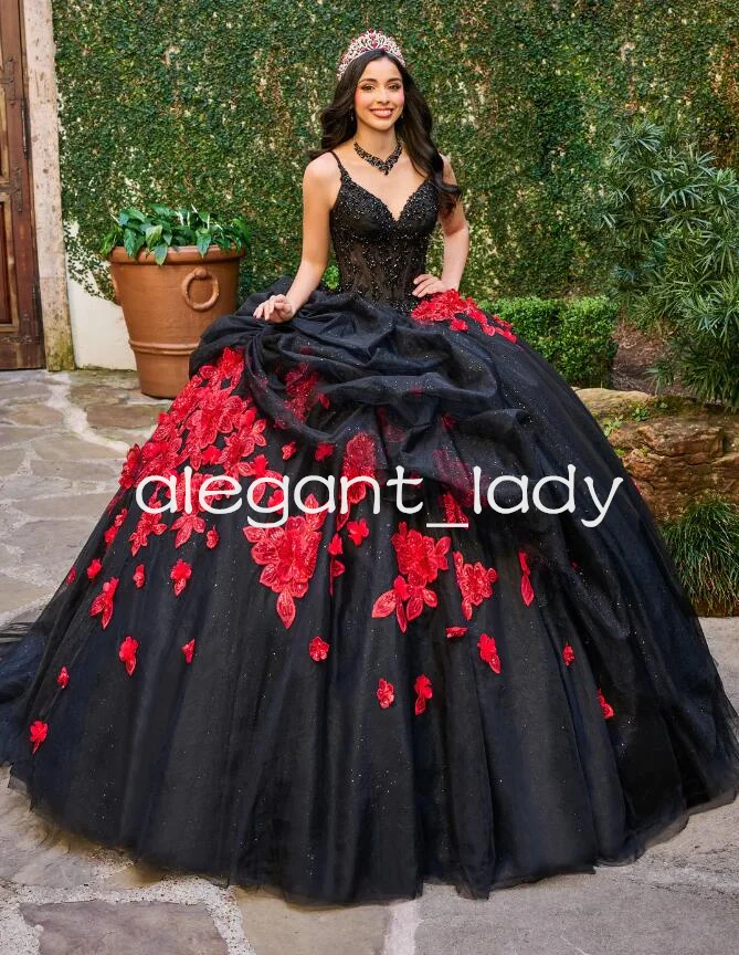 Čierna červená princezná Ruched Quinceanera Šaty kvetinové aplikácie krištáľové korzet šnurované Vestidos 15 Anos quinceanera na mieru na mieru