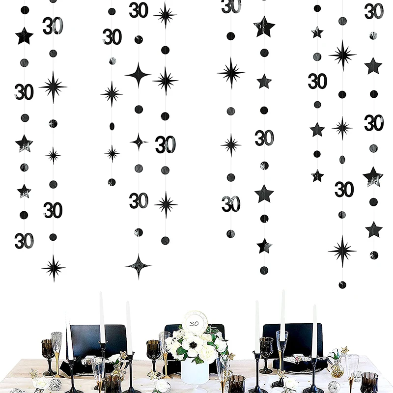Čierne 30. dekorácie narodenín Číslo 30 kruhu Twinkle Star Garland Hanging Streamer Bunting Banner Thity Anniversary