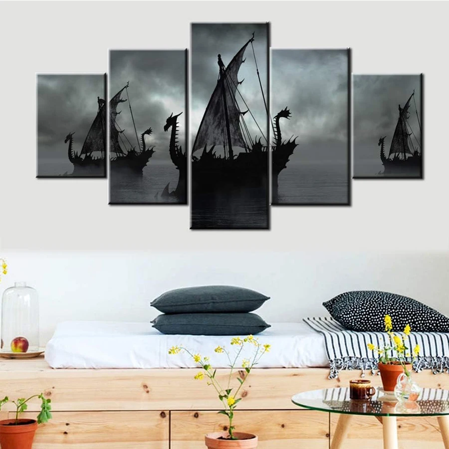 Čierne a biele diamantové maľby Viking Ship Art 5D DIY Diamond Mosaic Fantasy plachetnice výšivky plné vŕtačky 5 ks domáci výzdoba