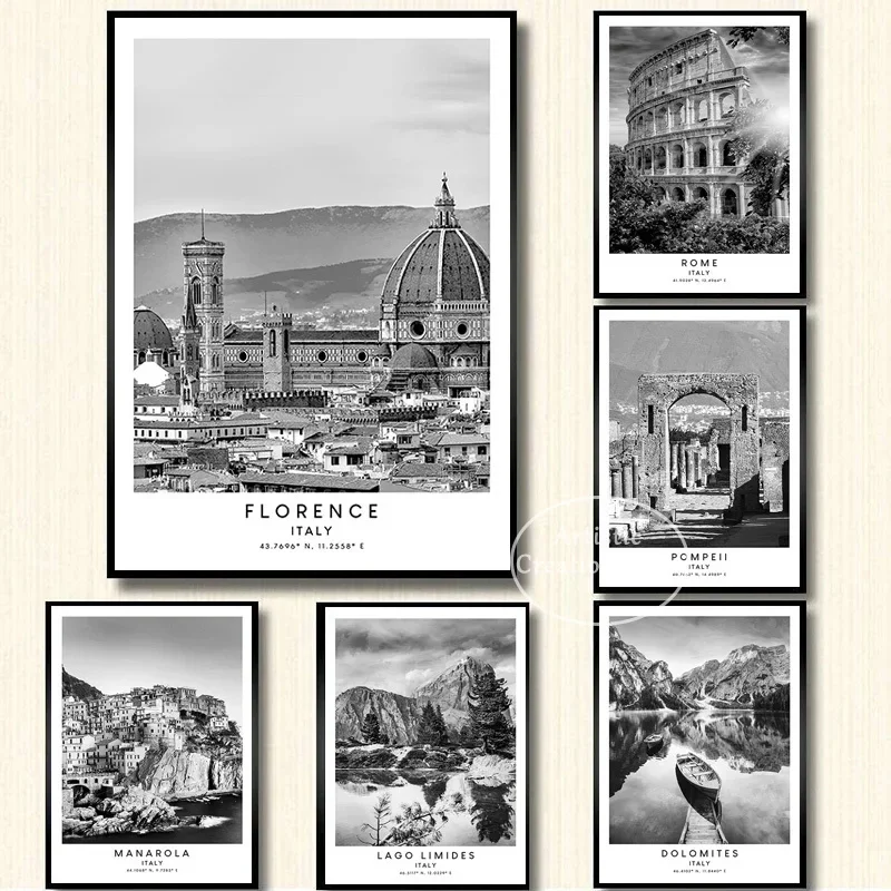 Čierne a biele Taliansko Travel plagát retro colosseum capri benátske mestské tlače tlač