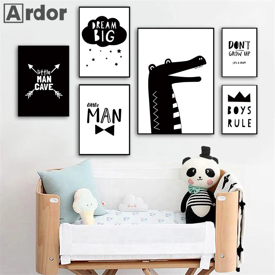 Čierne biele plátno plagát Boys Boys Rule Citáty nástenné umenie tlač Tlač krokodílu šípka maľba maľba Nordic Wall Pictures