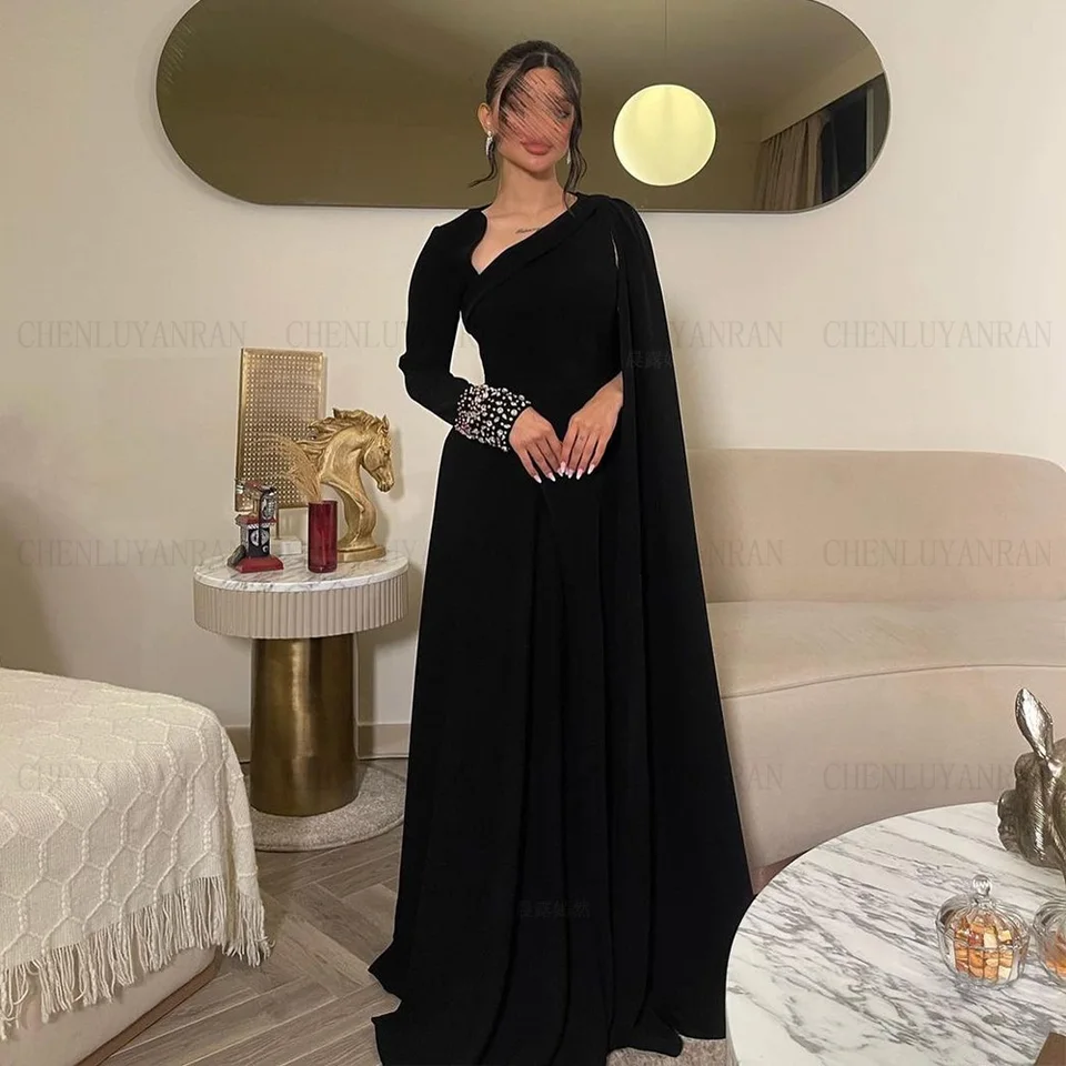 Čierne dlhé rukávy Formálne príležitosti šaty šaty šifón A-line dlhé loptové šaty módy sexy večerné šaty prispôsobené