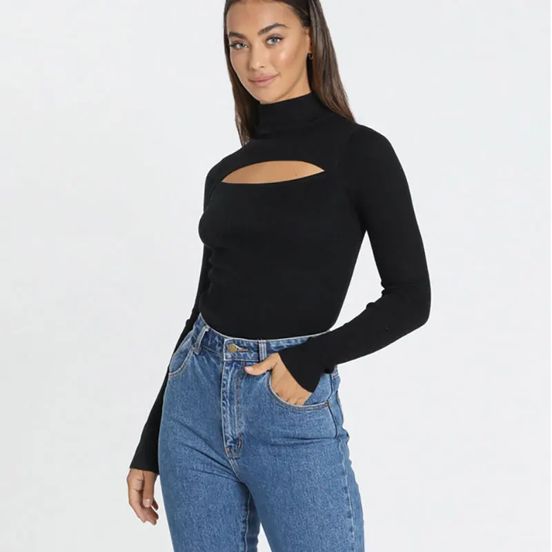 Čierne dámy sexy jeseň/zima pletený pullove Turtleneck Pullover Cast Sweater Dámska košeľa s dlhým rukávom Tesný sveter dievčatá