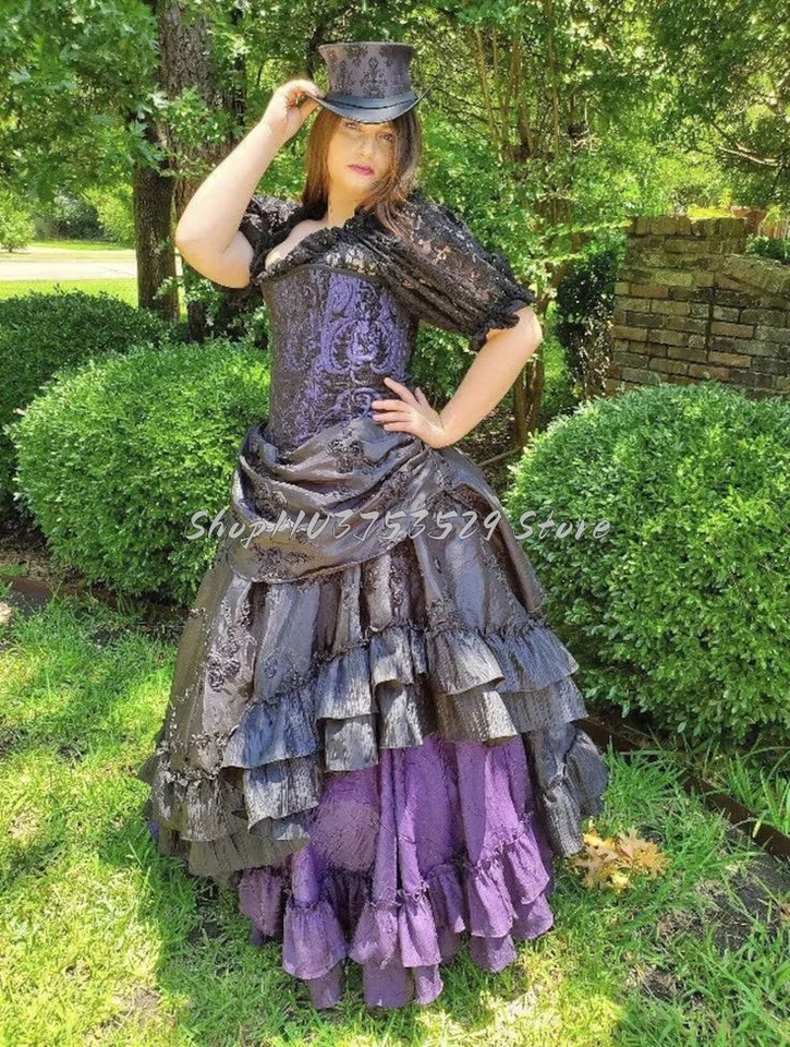 Čierne fialové klasické gotické plesové šaty jemné čipkované štvorcové krk s krátkym rukávom Steampunk kubické kvetinové halloweenské šaty Halloween Party