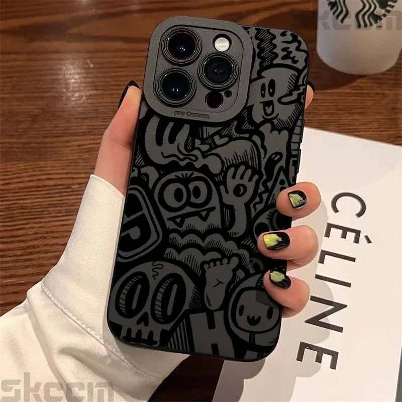 Čierne graffiti silikónové puzdro pre iPhone 16 15 14 Pro Max 11 12 13 mini xs x xr 7 8 plus matný nárazový odolný mäkký kryt