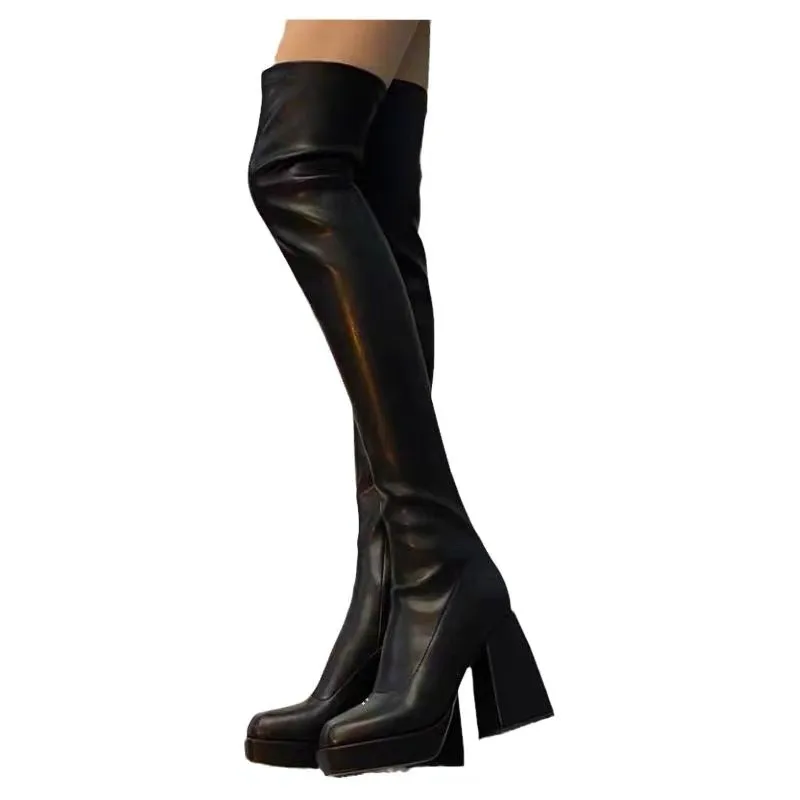 Čierne hrubé podpätky nad kolennými vysokými topánkami pre ženy punk štýl jesenná zimná robustná platforma High Boots Party Shoes Dámy