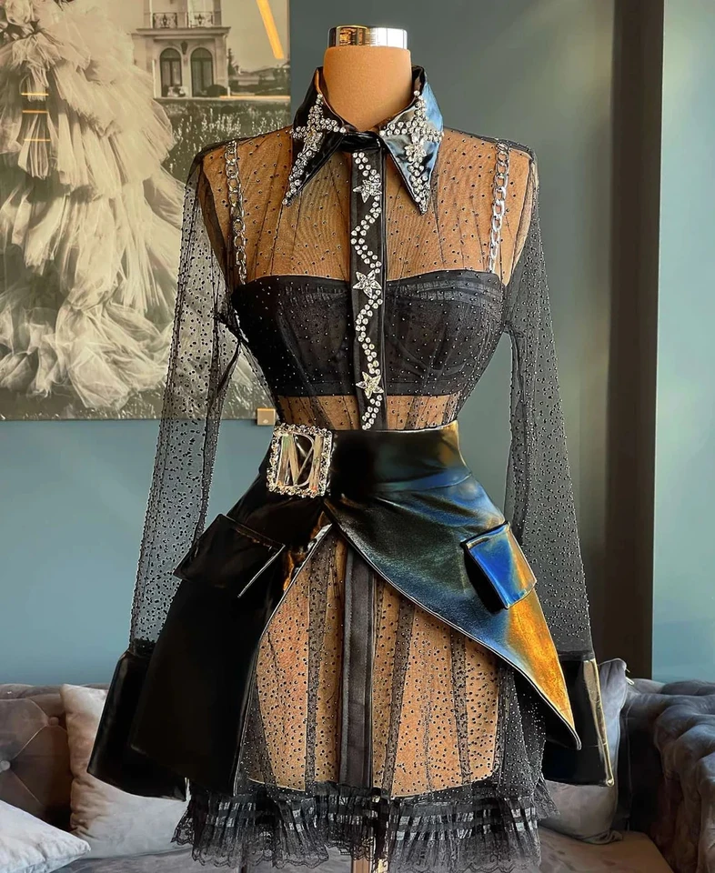 Čierne koktail šaty A-line dlhé rukávy Krátky mini tyl korálkové šaty Homecoming Haute Couture Prispôsobené
