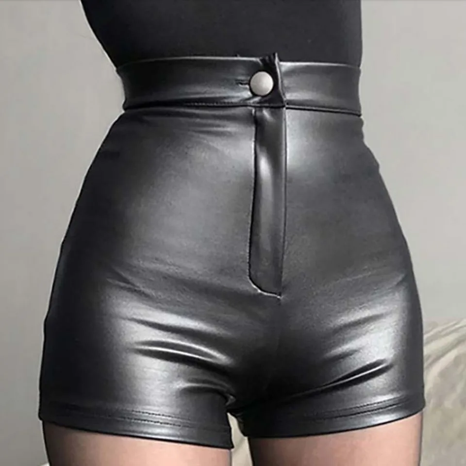 Čierne kožené šortky vysoký pás Sexy pu kožené kraťasy Ženy faux kožené kraťas