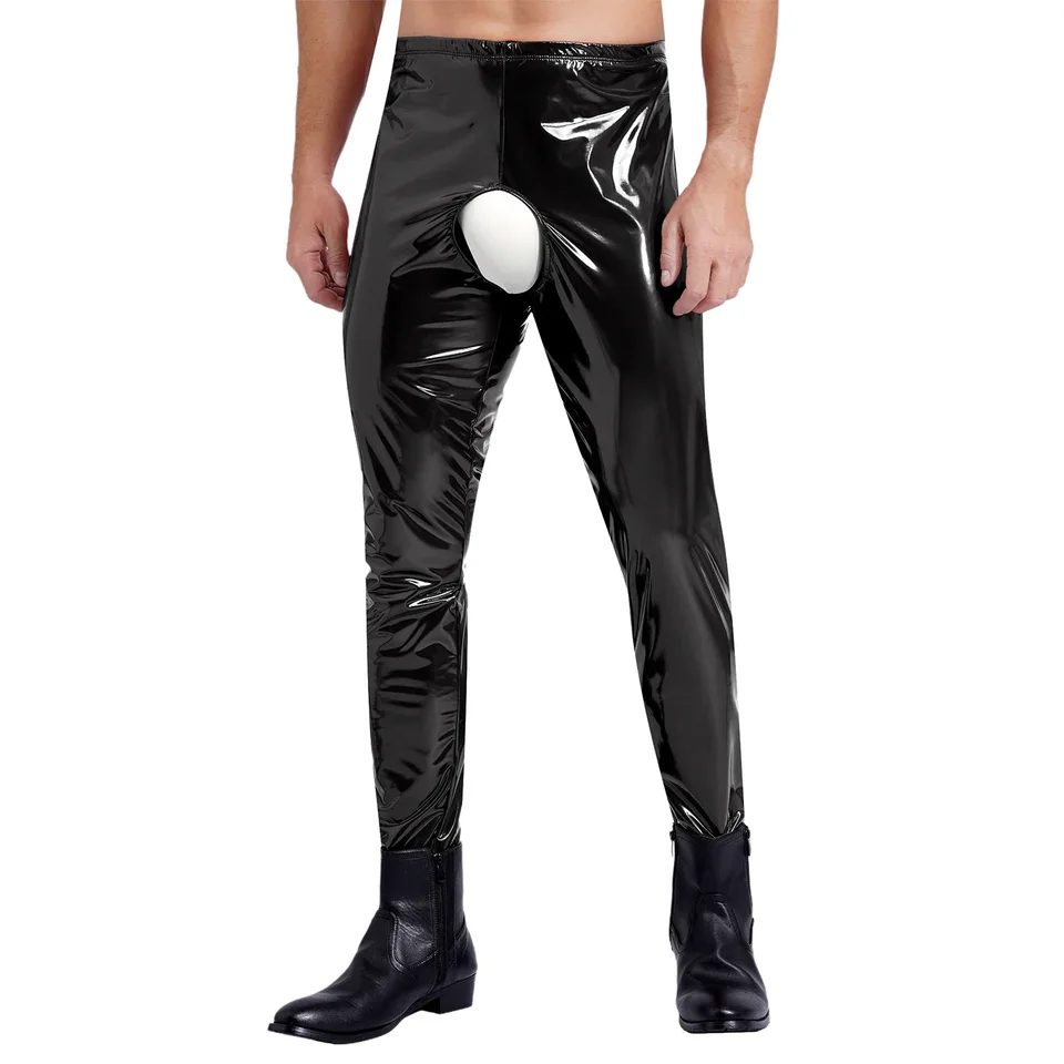 Čierne latexové kožené nohavice pánske lesklé mokré vzhľad patentované kožené nohavice bez rozkrokov elastické hihg legíny pasu sexy chudé nohavice