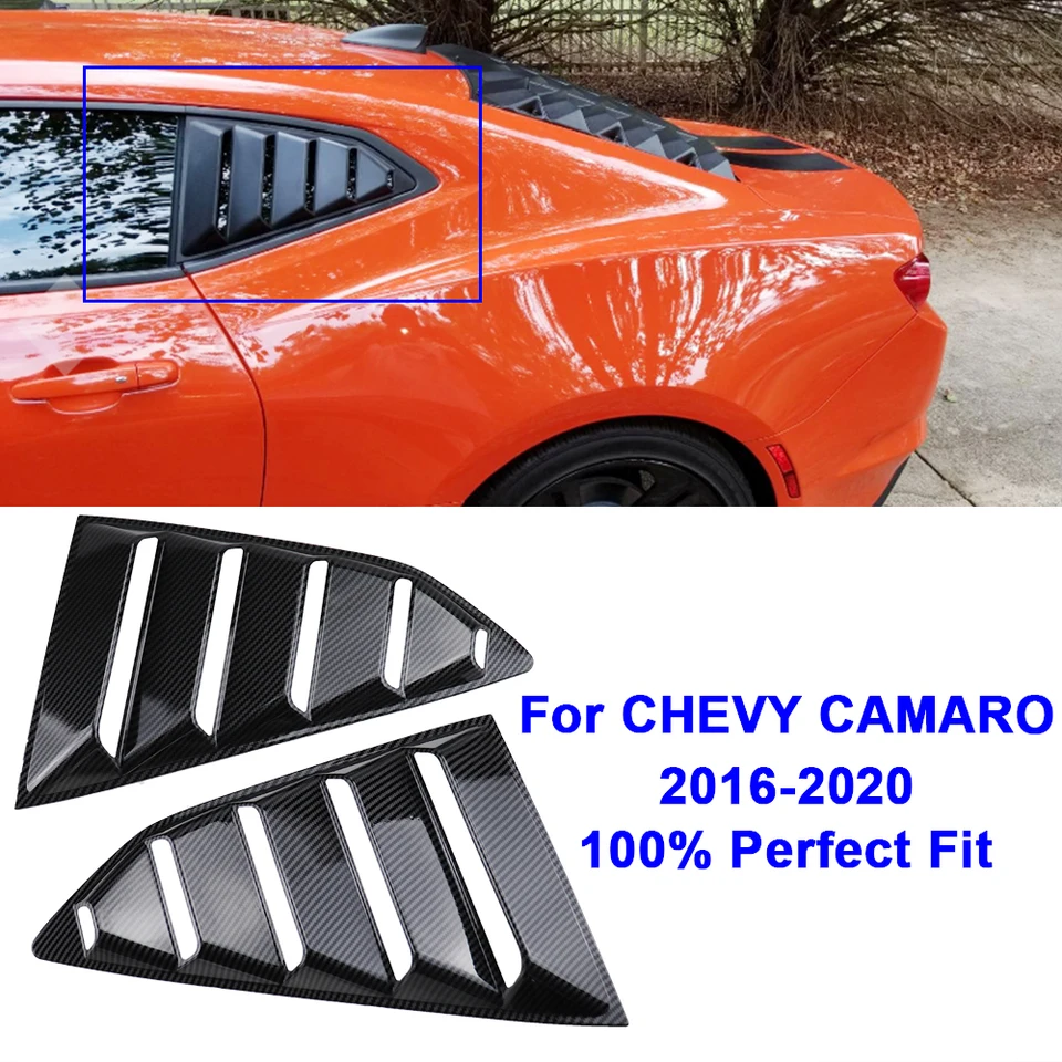 Čierne/lesklé/uhlíkové zadné štvrťročné okenné žalúzie Vláknový spojler Panel Panel Fit pre Chevrolet Chevy Camaro 2016-22 ABS nálepky 2 ks/set