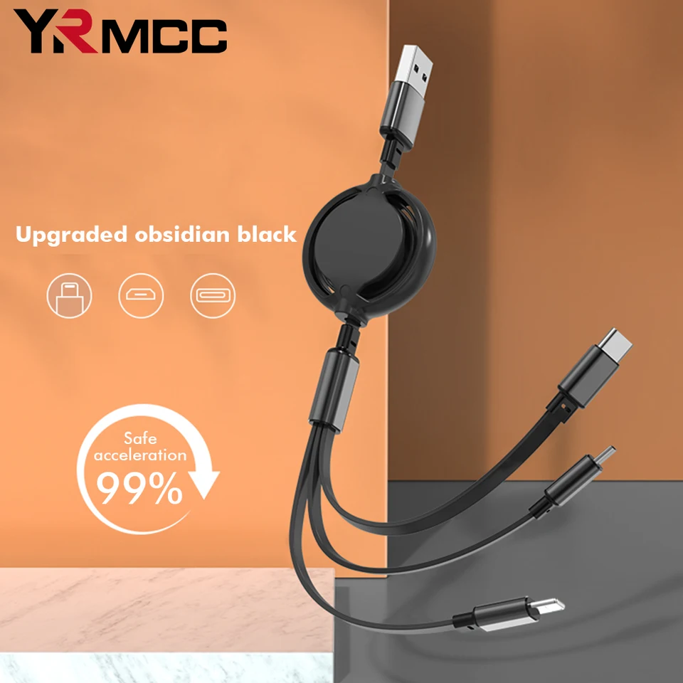 Čierne nabíjacie káblové zatiahnuteľné údaje 3 v 1 nabíjačku USB rýchle nabíjacie káble na nabíjanie vozidla pre auto nabíjačku typu C typu C