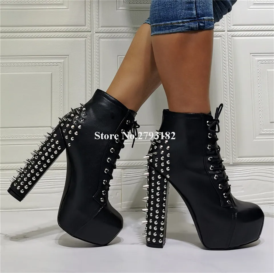 Čierne nity Chunky päty krátke topánky Sexy dámy okrúhle prsty zadné cvočky vysoká platforma hrubá päta členky členky veľké päty veľkej veľkosti