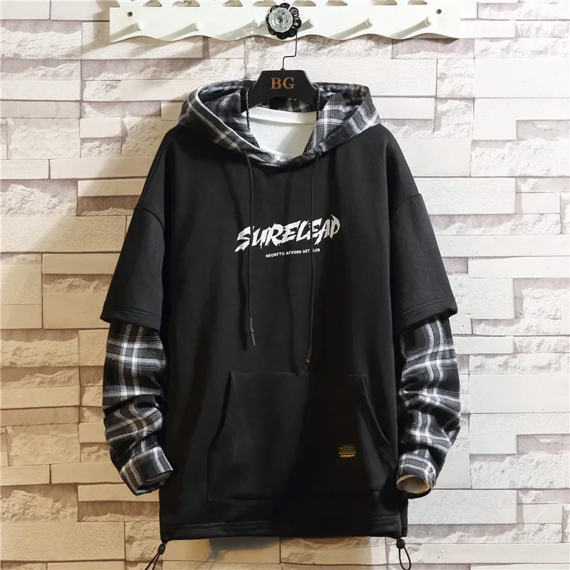 Čierne patchworkové mikiny jesenné jarné pánske mikiny hiphop punk punk coetwear casure pullover nové kockované mikiny