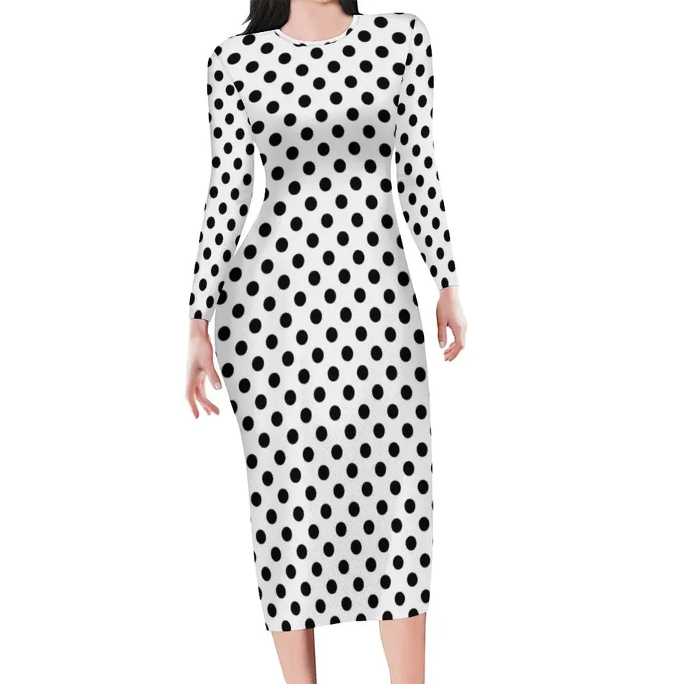 Čierne polka bodky Bodycon Dress Holiday Polka Dot Dot Circles Umenie Šaty Dámy s dlhým rukávom Grafické oblečenie na pouličné oblečenie veľká veľkosť