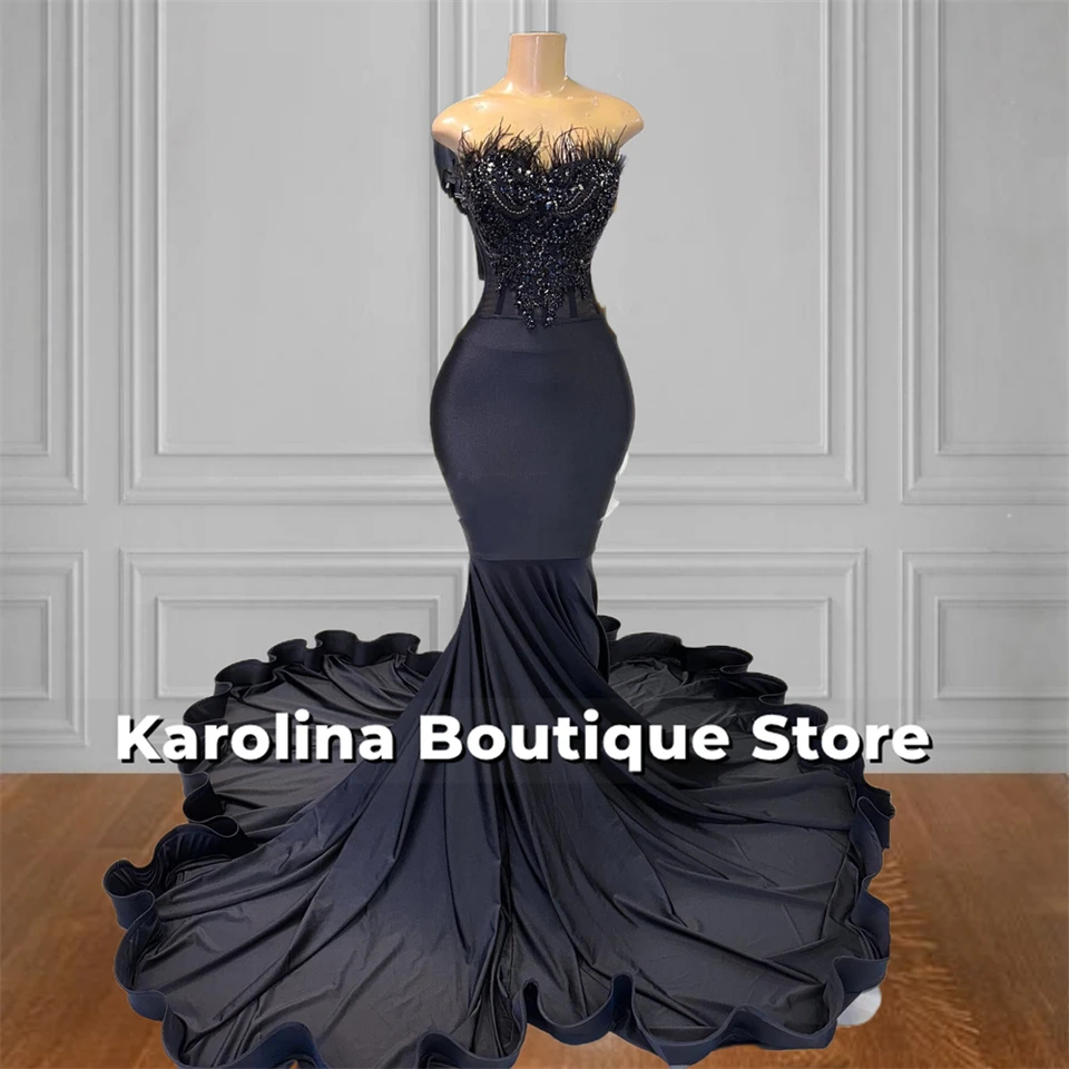Čierne pštrosové perie bez ramienok Prom Dress Blackgirls Crystal Beading Lace-up korzet elegantné párty šaty pre africké prispôsobené prispôsobené