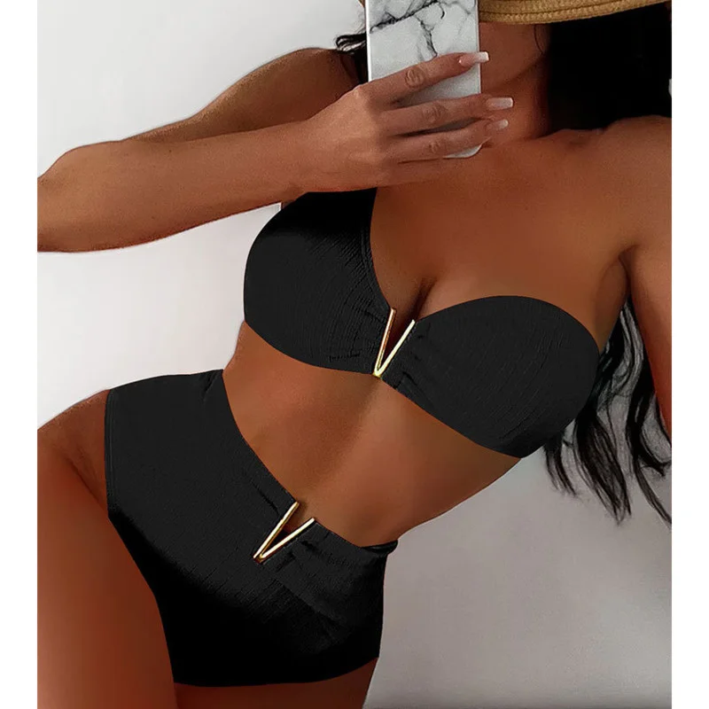 Čierne sexy bikiny 2025 Ženy Vysoký pás plavky ženské plavky Swim Wail Owal Plave Suits Brazílske bikiny set Beachwear Bather