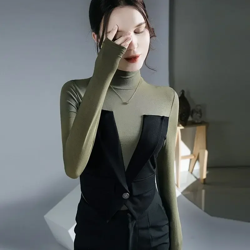 Čierne sexy tričko Zelený rolák Turtleneck Skinny Top pre 2024 Ženské tričko Dámske oblečenie s dlhým rukávom s rukávmi Goth Novelties Tee TEE