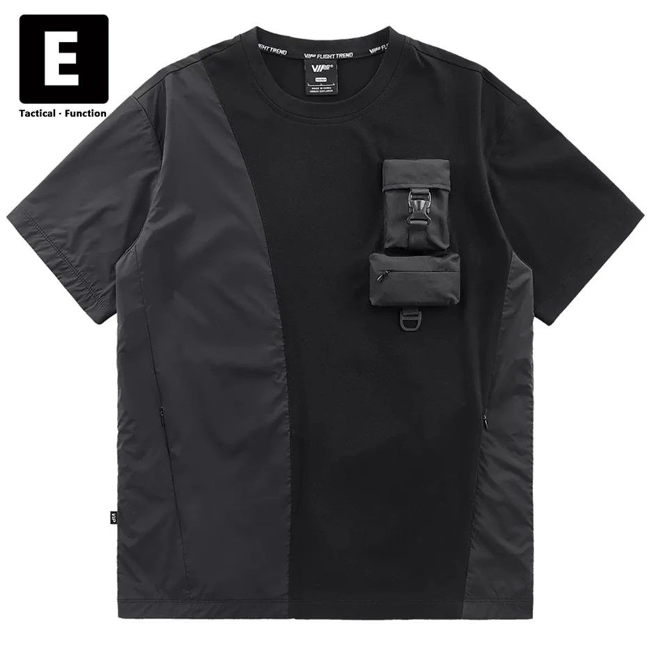 Čierne technicwear Tričko hip hopové streetwear patchwork nákladný tričko Tshirt muži leto s krátkym rukávom módne topy