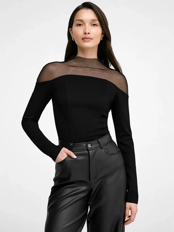 Čierne tričká pre ženy Y2K oblečenie sieťoviny Patchwork Top Turtleneck Ropa de Mujer s dlhým rukávom Camisetas Slim Fit Trshirt Tshirt
