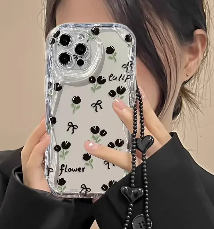 Čierne tulipánové luk vlny pre iPhone 15 Pro Max 11 12 13 14 Pro Max 7 8 Plus XR XS X Cover s Love Heart Hang Reťaz