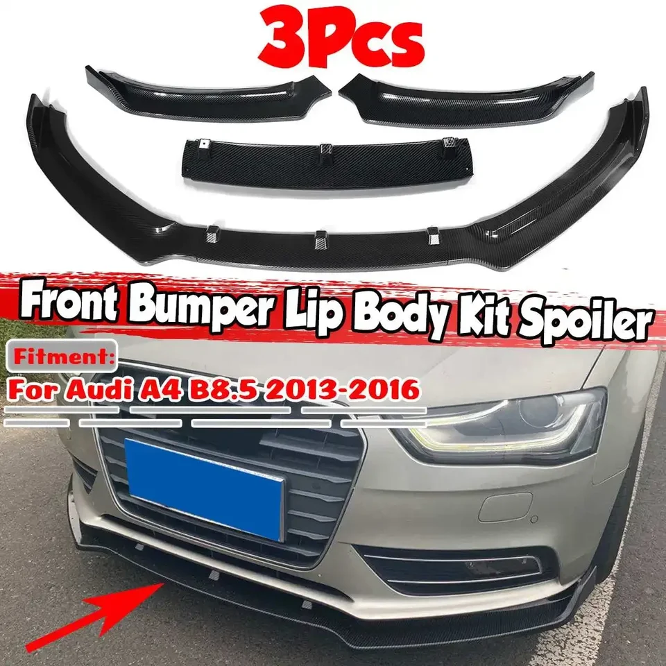 Čierne/uhlíkové vlákno vzhľad 3ks automobil predný nárazník Splitter Lip Difuser Spoiler Deflector Deflektor pre pery pre Audi A4 B8.5 2013-2016