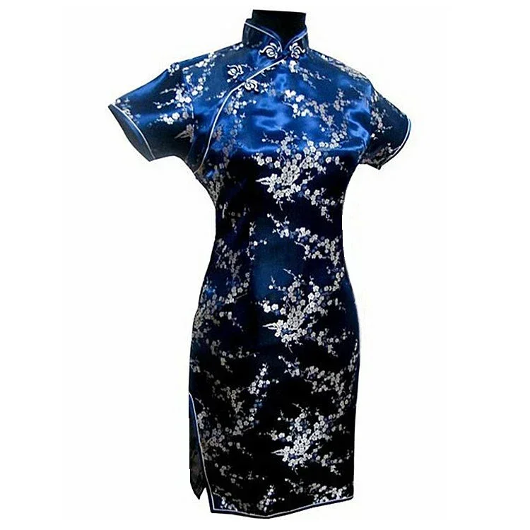 Čierne vinobranie čínske dámske saténové saténové mini cheongsam qipao šaty kvet majer Vestido sml xl xxl xxxl 4xl 5xl 6xl