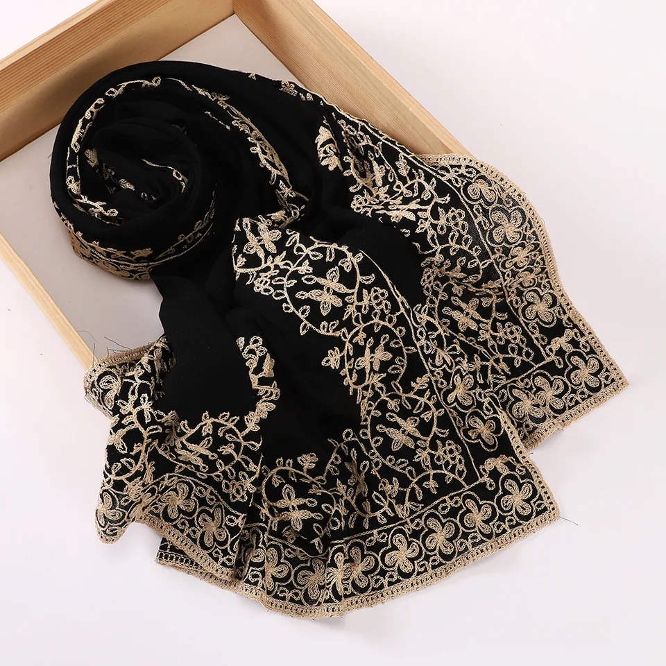Čierne vyšívacie hidžábové šatky Moslimské ženy Shawls Zabaľte turban Stoles Bandanas čelenka Bufanda Fould Turbante Mujer 70*190 cm