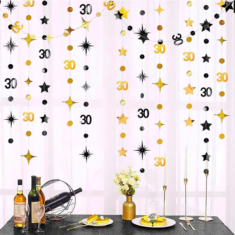 Čierne zlato 30. narodeninové oslavy dekorácie číslo 30 kruhová bodka Twinkle Star Paper Girlands pre šťastných špinavých 30 rokov starých dodávok