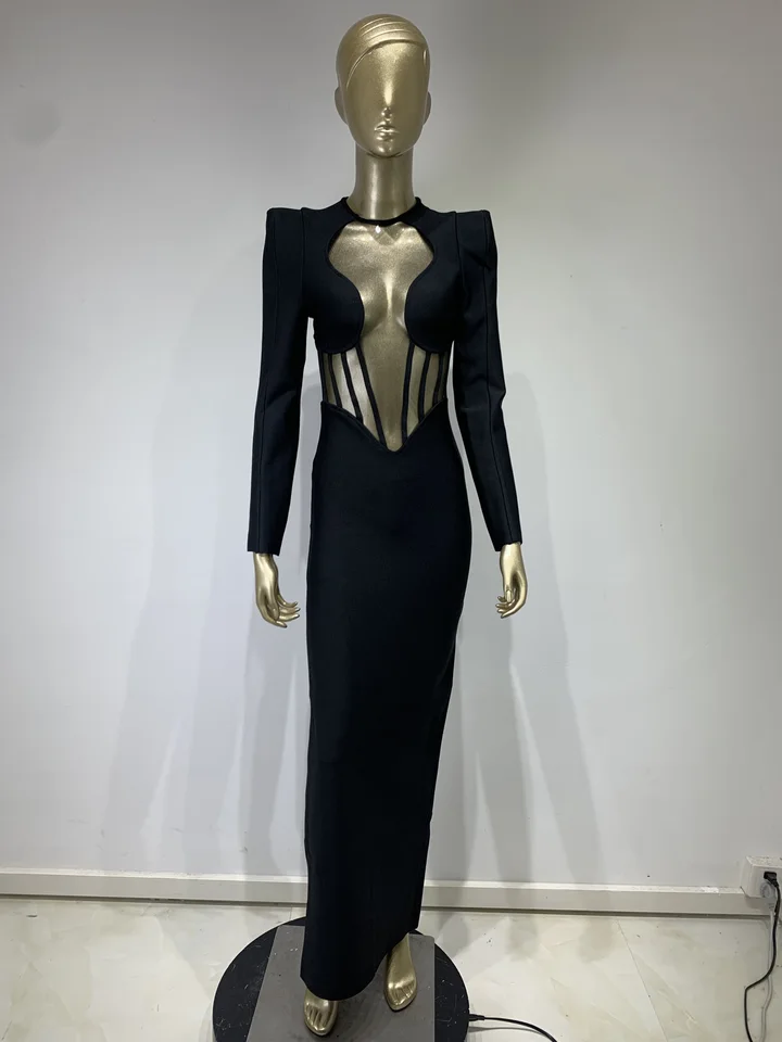 Čierne šaty s dlhým rukávom pre dámy od 50 do 60 rokov Elegantné jesenné dráhy módne celebrity Večerné večierky