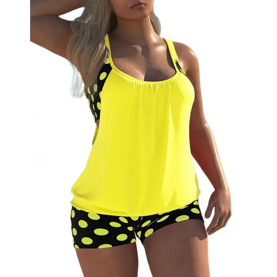 Čierne/žlté bodky Tankini plavky 2024 Ženy plávajúce 2 kusové plážové plavky Sexy tankové vrcholy Tlač/pevné kmene s vysokým pásom