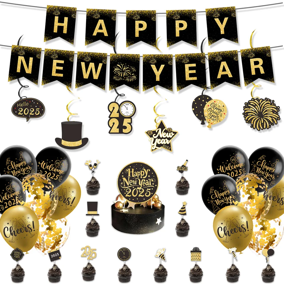Čierny 2025 Šťastný nový rok Banner Banner tortu Topper Vwirls Hanging Fireworks Balóny Photo rekvizity pre 2025 novoročné párty dekorácie