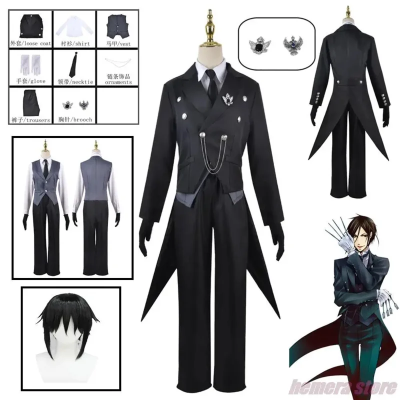 Čierny Butler Sebastian Michaelis Cosplay kostým parochňa Black Uniforma Swallowtail Top Pants Broš