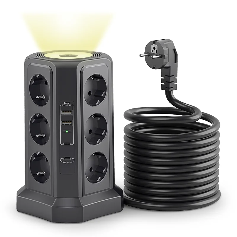 Čierny chránič prepätia viacerých viacerých viacerých vadí 4000W 16A s portom USB, viacpluk s nočným svetlom, s 1,8 m čiernym predlžovacím káblom