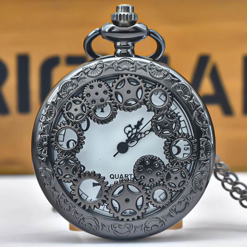 Čierny dutý výstroj Vyrezávaný kremeňový vreckový náhrdelník Hodinky Pendant Clock Chain Men ženský pamätný darček