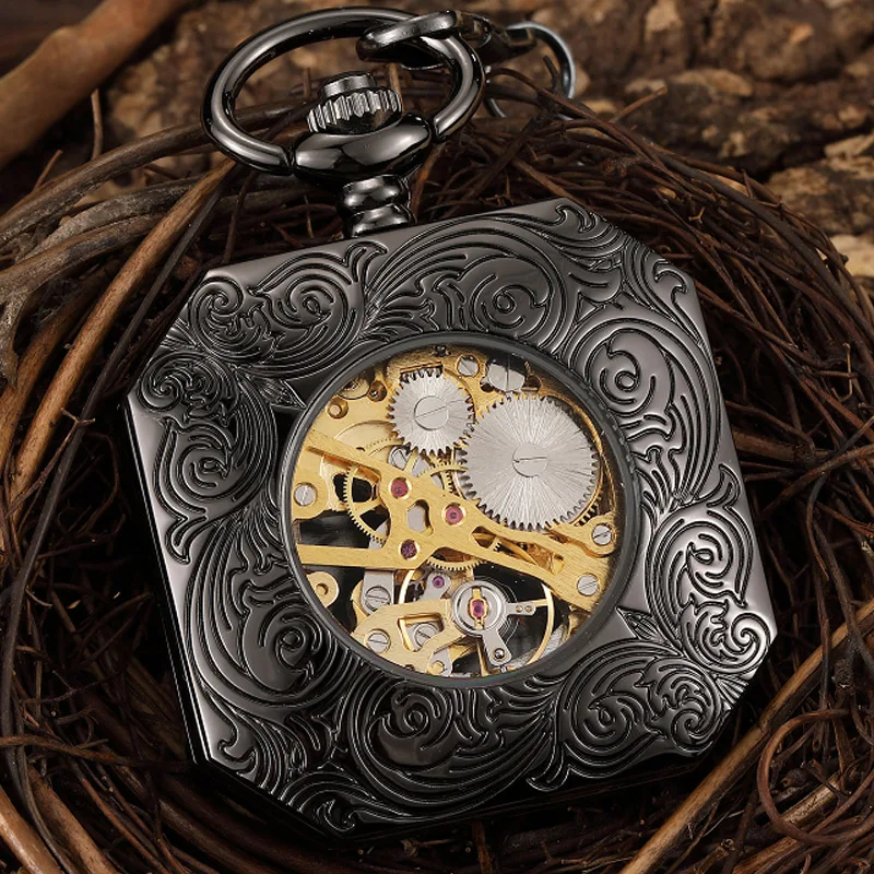 Čierny dutý čínsky maskot leva ručný vietor Mechanické vreckové hodinky Men Retro Skeleton Fob Chain Watch
