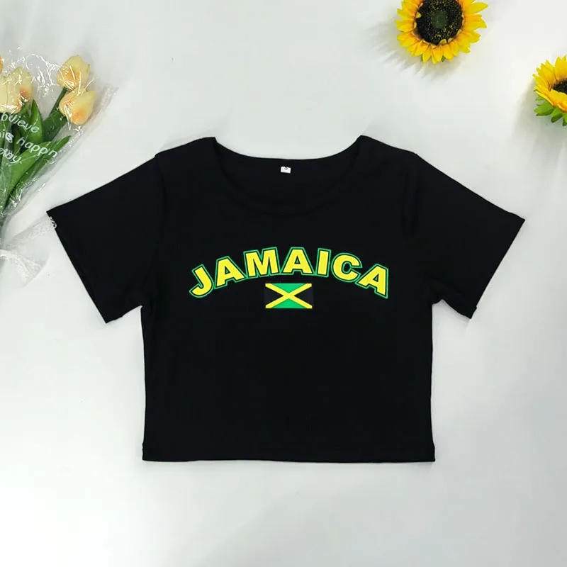 Čierny futbal Jamajka Letter Print Streetwear for Women Sexy o krk rebrovaný krátky rukáv y2k letné plodiny Tops módne nové tričko