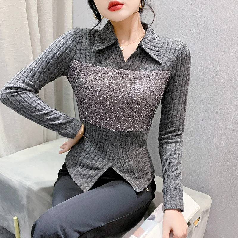 Čierny kórejský štýl Zimné zimné tričko Chic Sexy pólový golier patchwork lesklé flitre Dámske topánky s dlhými rukávmi Nové 4100805